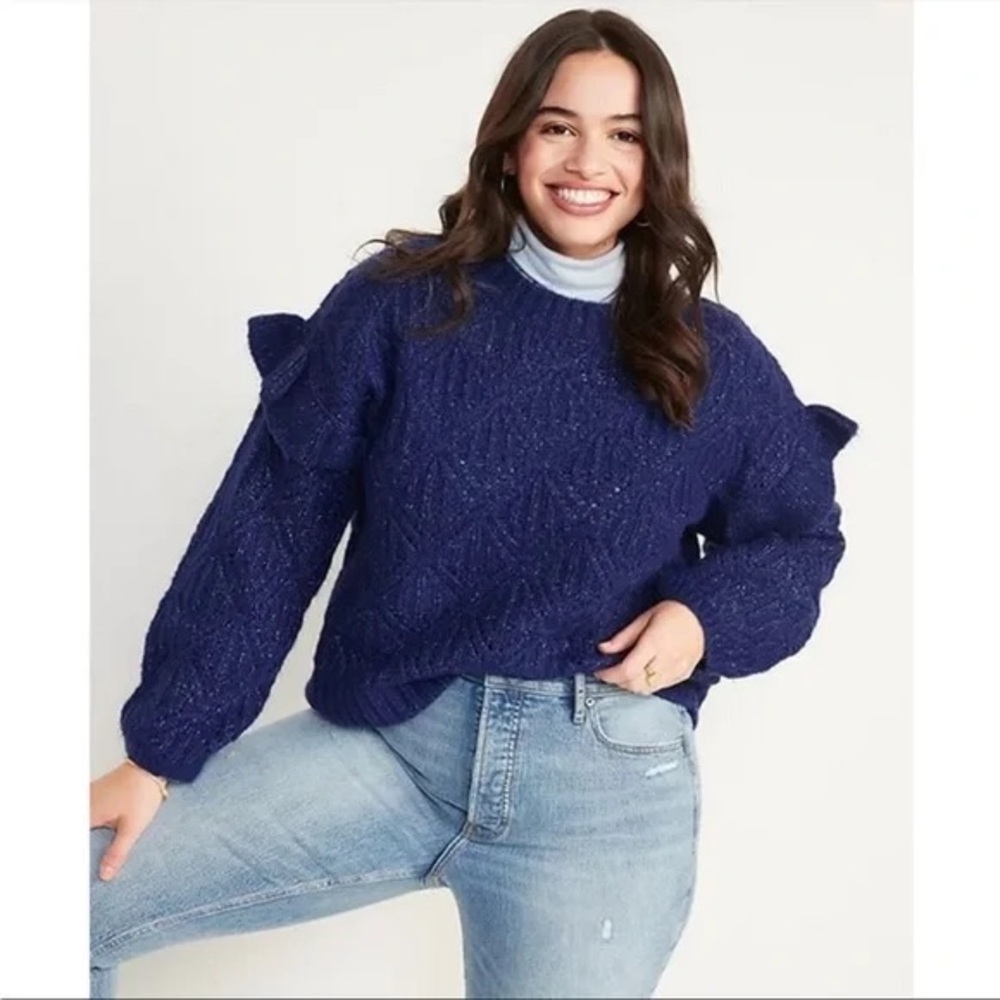 ✨NEW✨ Old Navy Women's Blue Crew Neck Sweater with Open Weave and Ruffle Detail
